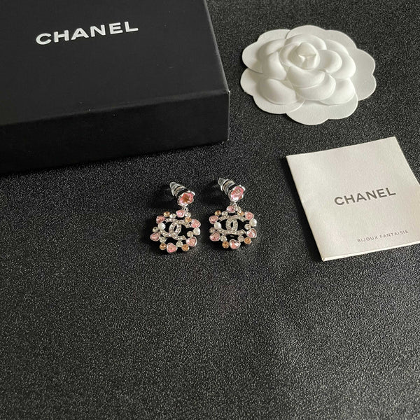 DOUBLE C STUD EARRINGS IN SILVER METAL WHITE & PINK STONES