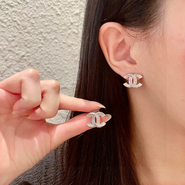 DOUBLE C STUD EARRINGS IN SILVER METAL FULLY DIAMOND