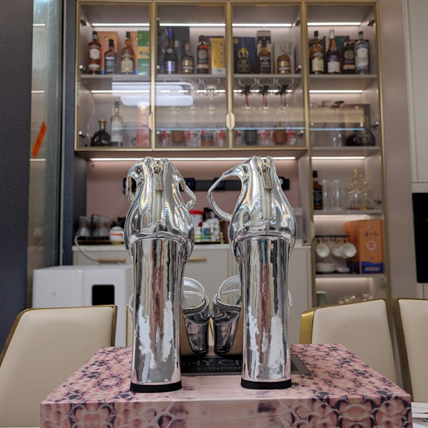 Jimmy 25 Platform Sandal Heels Silver Mirror TPU Material 240008