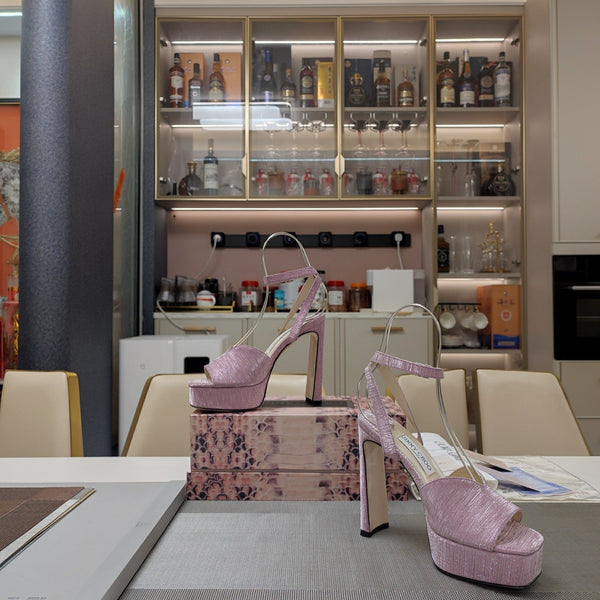 Jimmy 25 Platform Sandal Heels Lace Pink Satin Fabric 240014