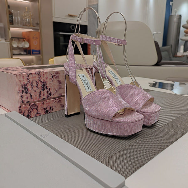 Jimmy 25 Platform Sandal Heels Lace Pink Satin Fabric 240014