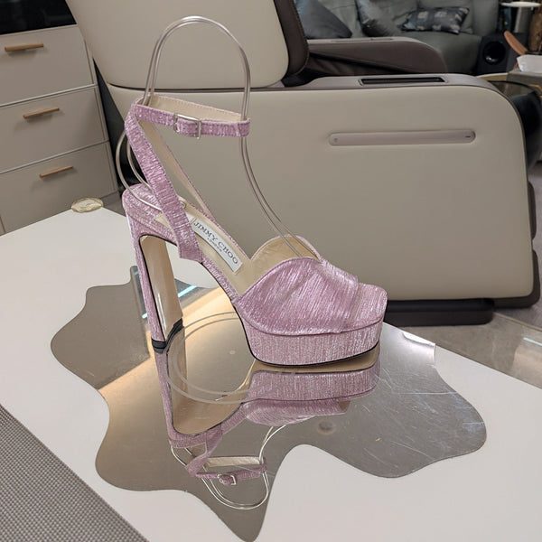 Jimmy 25 Platform Sandal Heels Lace Pink Satin Fabric 240014