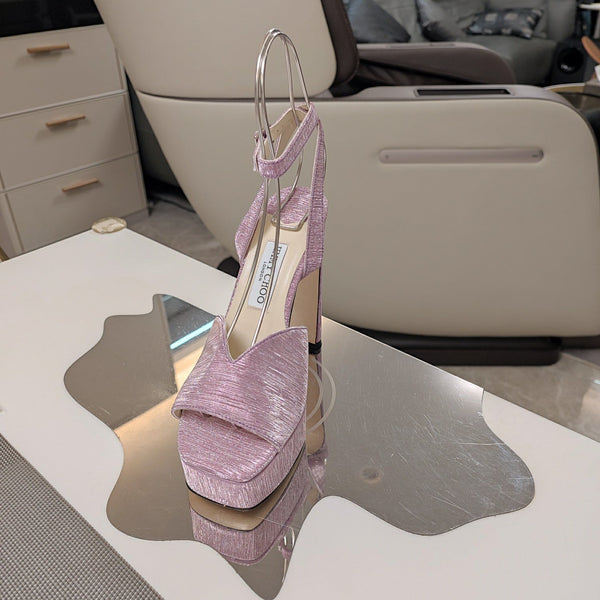 Jimmy 25 Platform Sandal Heels Lace Pink Satin Fabric 240014