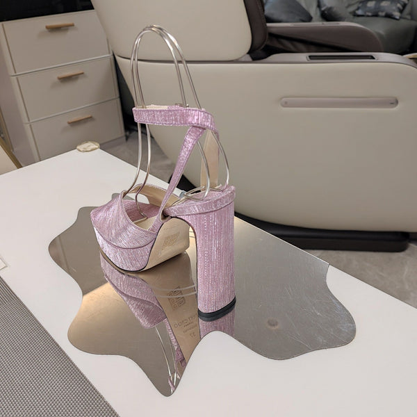 Jimmy 25 Platform Sandal Heels Lace Pink Satin Fabric 240014