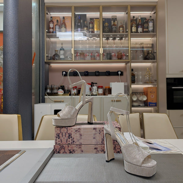 Jimmy 25 Platform Sandal Heels Beige Satin Fabric 240015