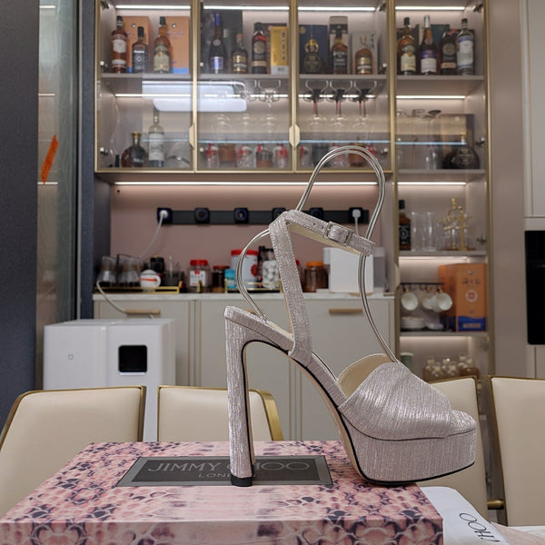 Jimmy 25 Platform Sandal Heels Beige Satin Fabric 240015