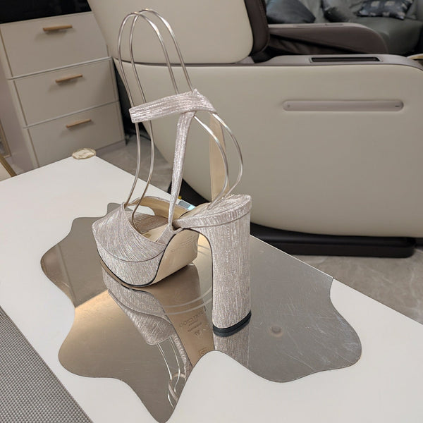 Jimmy 25 Platform Sandal Heels Beige Satin Fabric 240015