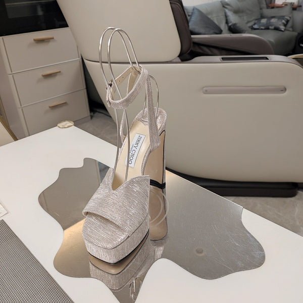 Jimmy 25 Platform Sandal Heels Beige Satin Fabric 240015