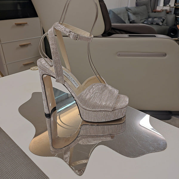 Jimmy 25 Platform Sandal Heels Beige Satin Fabric 240015