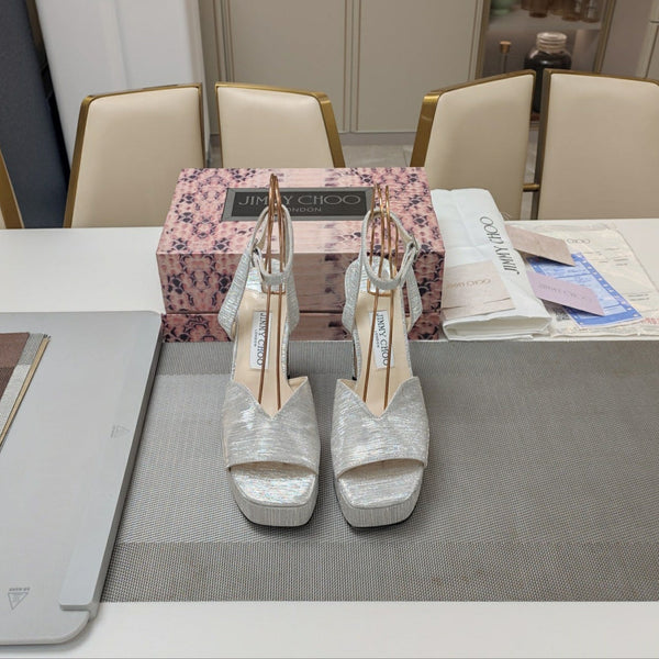 Jimmy 25 Platform Sandal Heels Silver Satin Fabric 240016