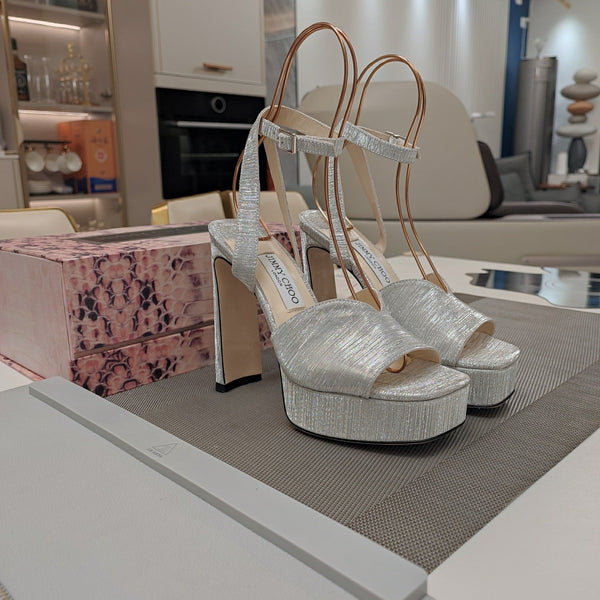 Jimmy 25 Platform Sandal Heels Silver Satin Fabric 240016