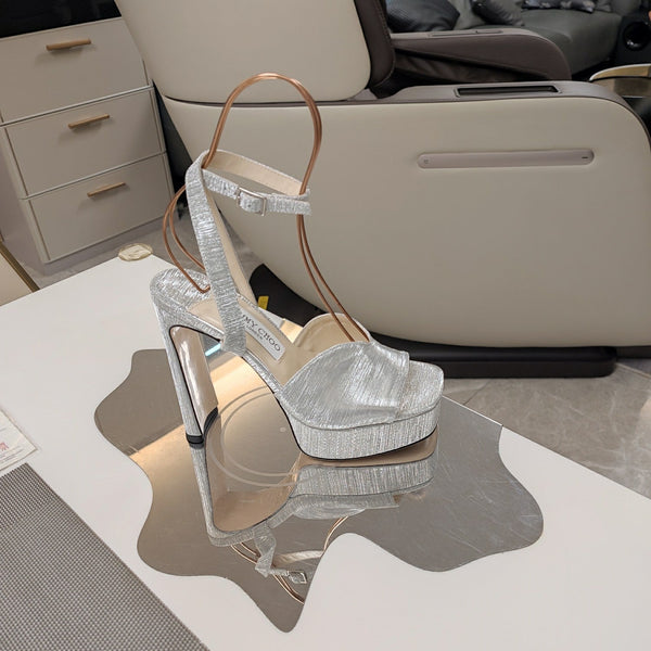 Jimmy 25 Platform Sandal Heels Silver Satin Fabric 240016