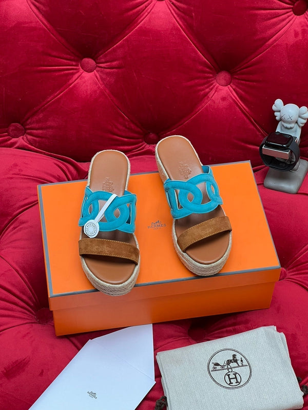 HM Lthea Espadrille Brown Mix Blue Suede And Jute Rope 969490