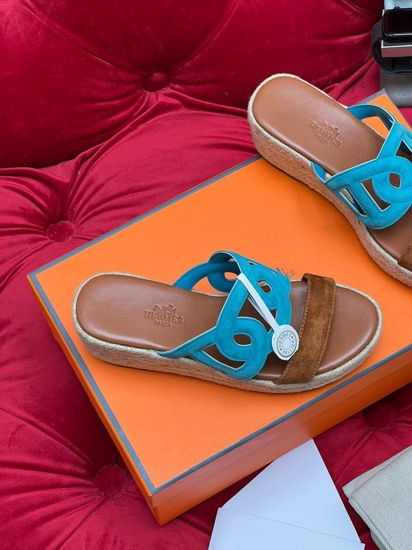 HM Lthea Espadrille Brown Mix Blue Suede And Jute Rope 969490