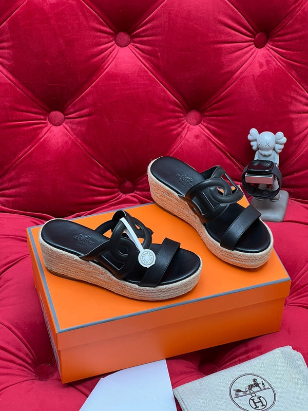 HM Lthea Espadrille Black Calfskin And Jute Rope 969498