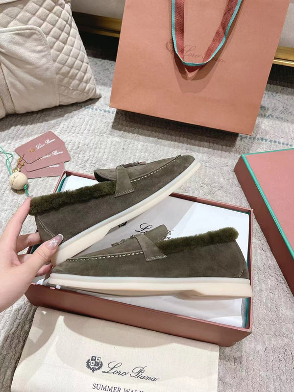 LP Summer Charms Walk Loafers Army Green Suede With Rabbit Fur Lining 206251