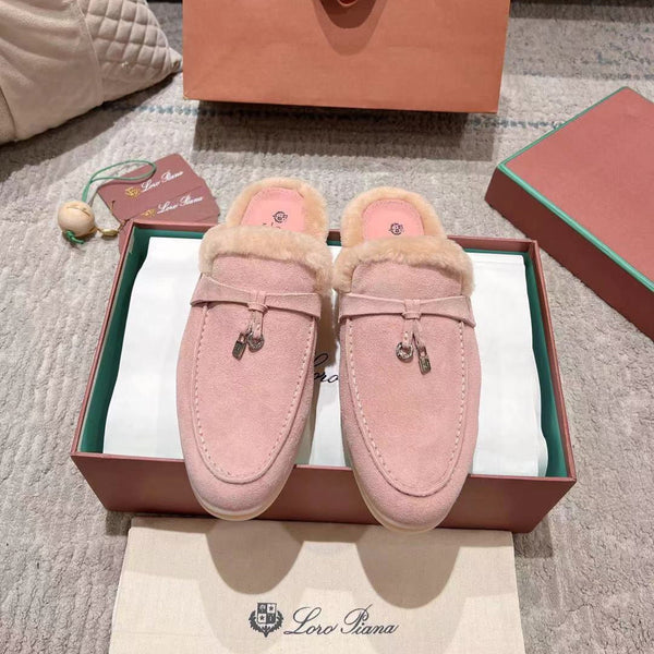 LP Charms Walk Babouche Loafer Pink Pastel Suede With Rabbit Fur Lining 206225