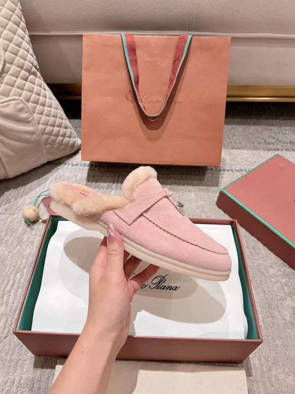 LP Charms Walk Babouche Loafer Pink Pastel Suede With Rabbit Fur Lining 206225