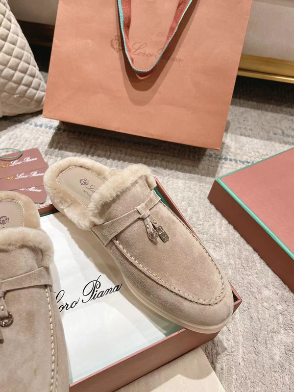 LP Charms Walk Babouche Loafer Sand Brown Suede With Rabbit Fur Lining 206226