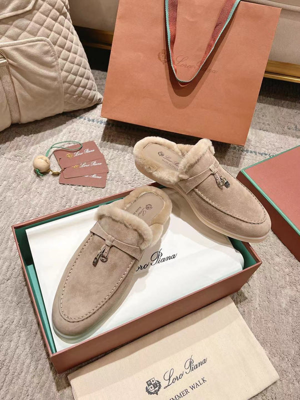 LP Charms Walk Babouche Loafer Sand Brown Suede With Rabbit Fur Lining 206226