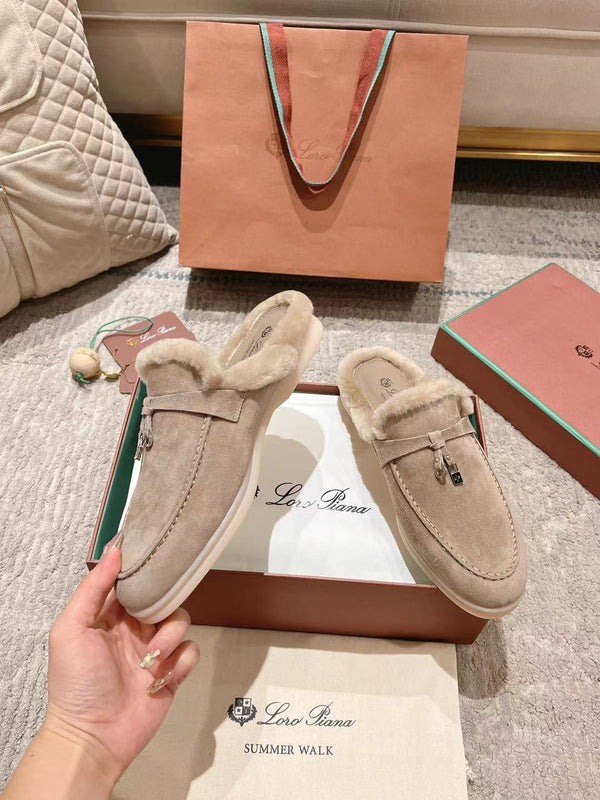 LP Charms Walk Babouche Loafer Sand Brown Suede With Rabbit Fur Lining 206226