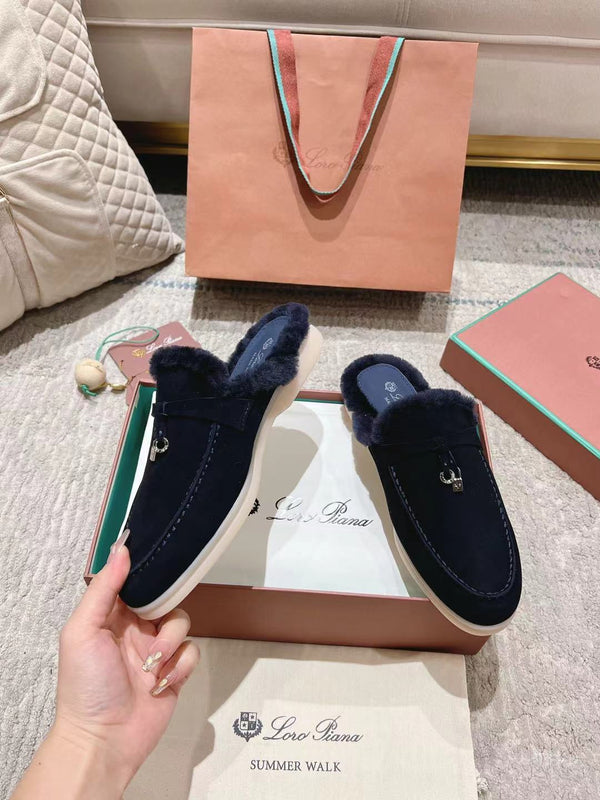 LP Charms Walk Babouche Loafer Space Blue Suede With Rabbit Fur Lining 206227