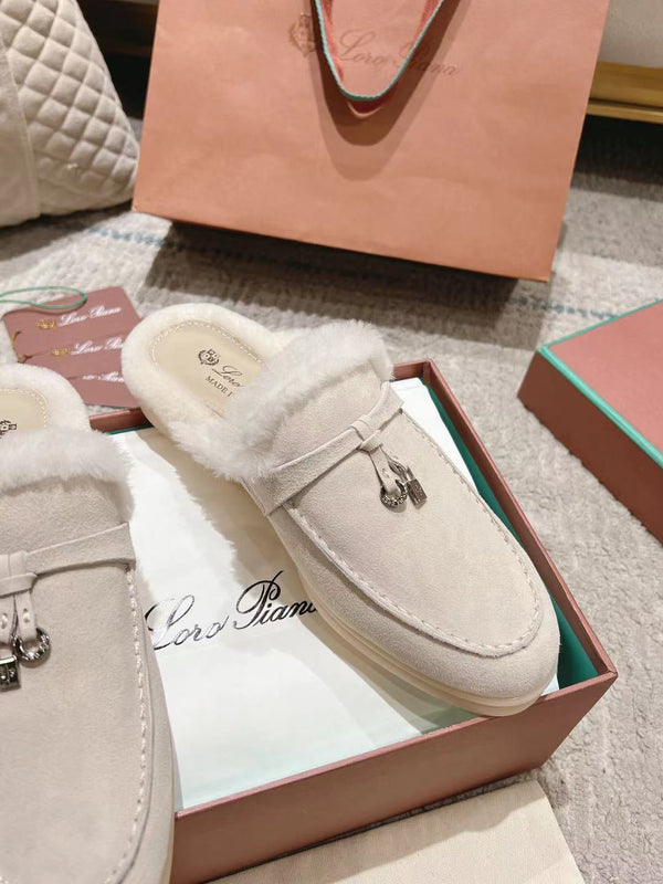 LP Charms Walk Babouche Loafer White Suede With Rabbit Fur Lining 206231