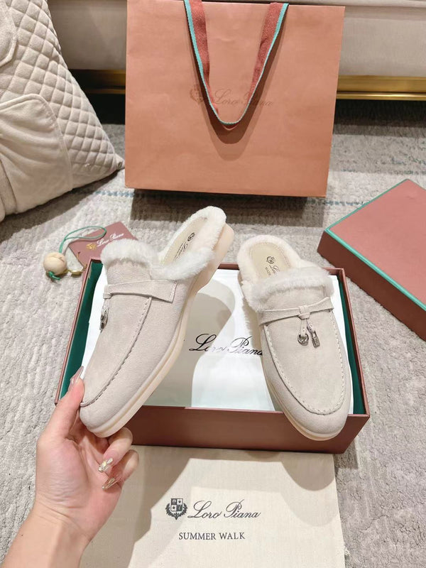 LP Charms Walk Babouche Loafer White Suede With Rabbit Fur Lining 206231