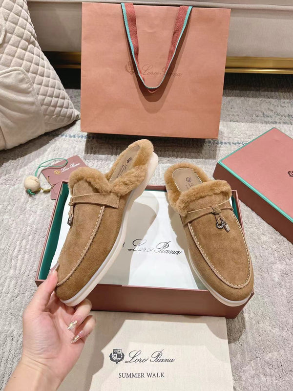 LP Charms Walk Babouche Loafer Marigold Brown Suede With Rabbit Fur Lining 206232