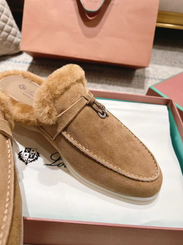 LP Charms Walk Babouche Loafer Marigold Brown Suede With Rabbit Fur Lining 206232