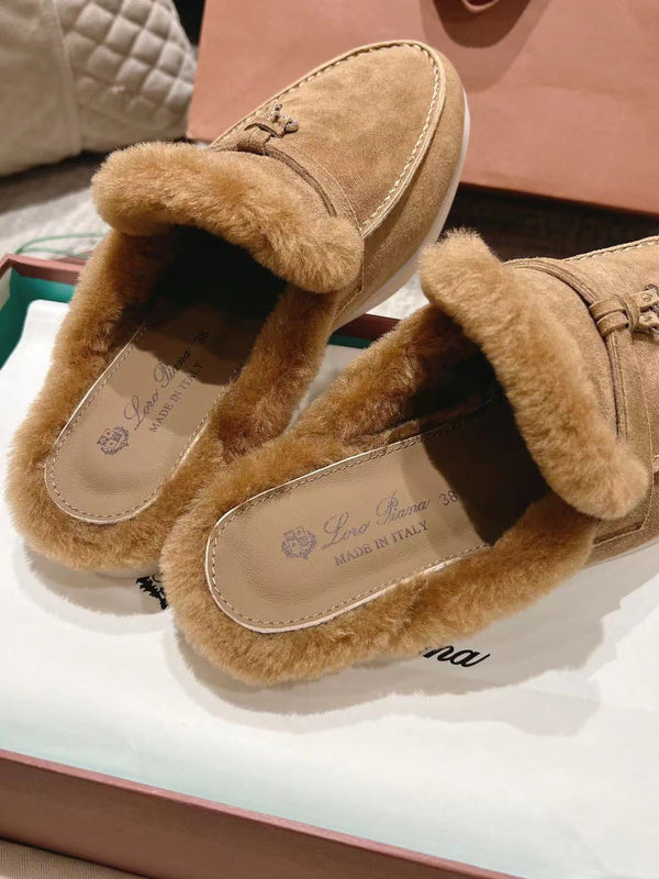 LP Charms Walk Babouche Loafer Marigold Brown Suede With Rabbit Fur Lining 206232