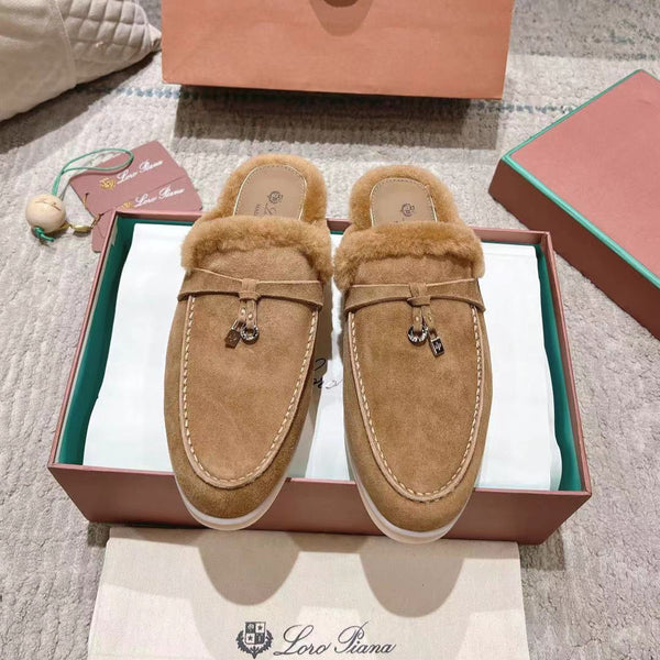 LP Charms Walk Babouche Loafer Marigold Brown Suede With Rabbit Fur Lining 206232