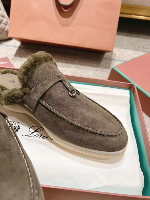 LP Charms Walk Babouche Loafer Army Green Suede With Rabbit Fur Lining 206233