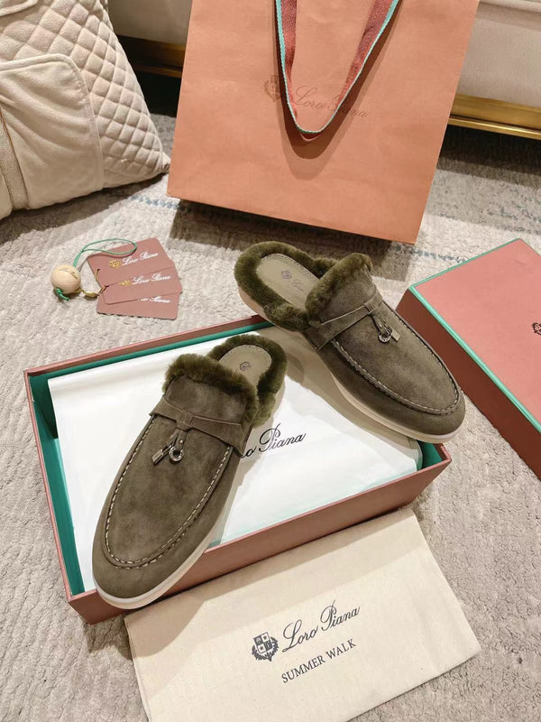 LP Charms Walk Babouche Loafer Army Green Suede With Rabbit Fur Lining 206233