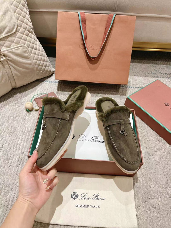 LP Charms Walk Babouche Loafer Army Green Suede With Rabbit Fur Lining 206233