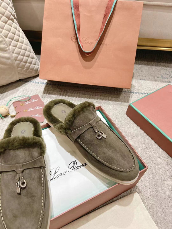 LP Charms Walk Babouche Loafer Army Green Suede With Rabbit Fur Lining 206233