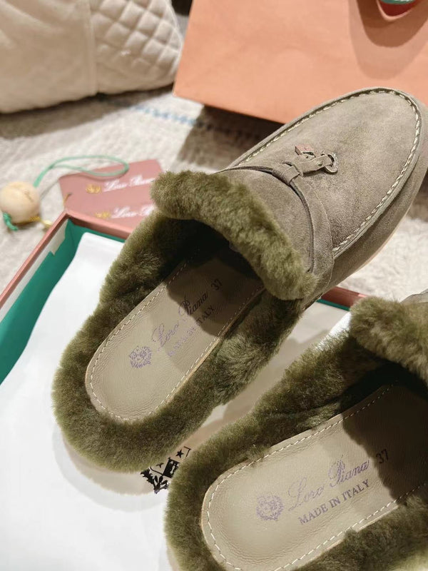 LP Charms Walk Babouche Loafer Army Green Suede With Rabbit Fur Lining 206233