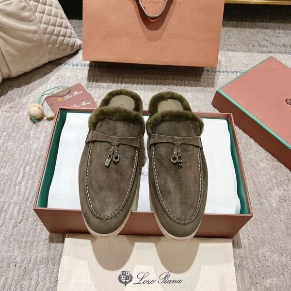 LP Charms Walk Babouche Loafer Army Green Suede With Rabbit Fur Lining 206233