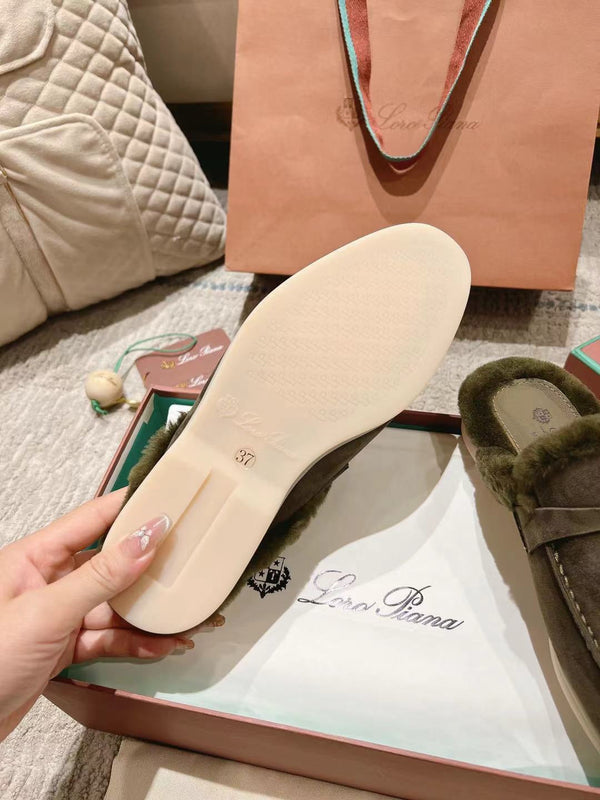 LP Charms Walk Babouche Loafer Army Green Suede With Rabbit Fur Lining 206233