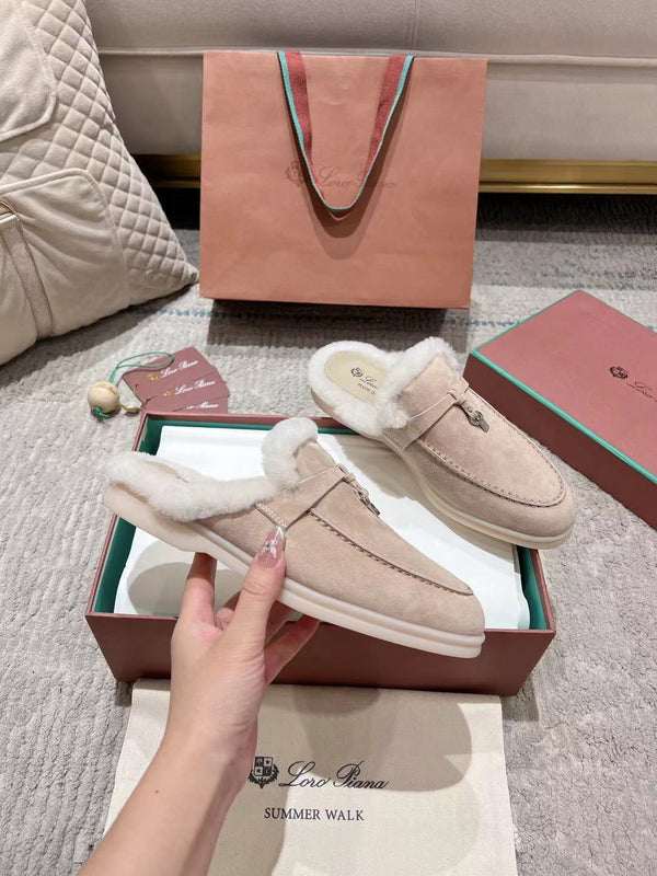 LP Charms Walk Babouche Loafer Light Brown Beige Mix White Suede With Rabbit Fur Lining 206237