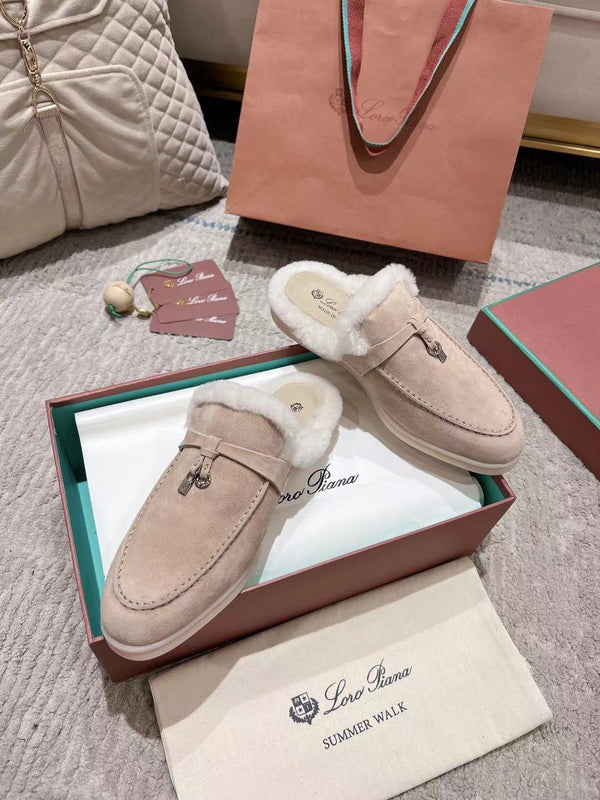 LP Charms Walk Babouche Loafer Light Brown Beige Mix White Suede With Rabbit Fur Lining 206237