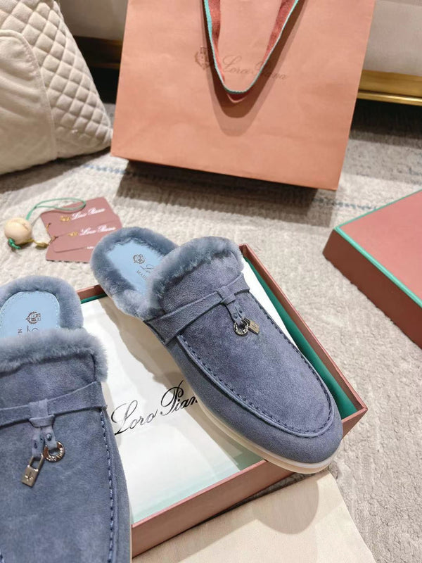 LP Charms Walk Babouche Loafer Pigeon Blue Suede With Rabbit Fur Lining 206238