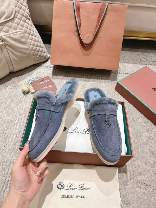 LP Charms Walk Babouche Loafer Pigeon Blue Suede With Rabbit Fur Lining 206238