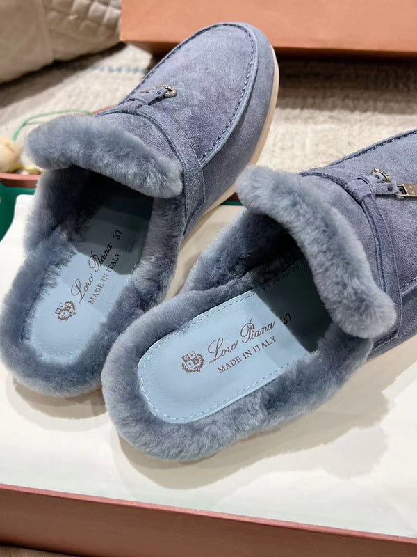 LP Charms Walk Babouche Loafer Pigeon Blue Suede With Rabbit Fur Lining 206238