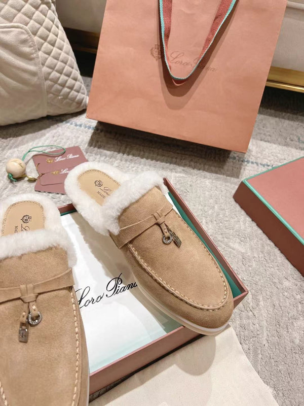 LP Charms Walk Babouche Loafer Peach Yellow Suede With Rabbit Fur Lining 206244