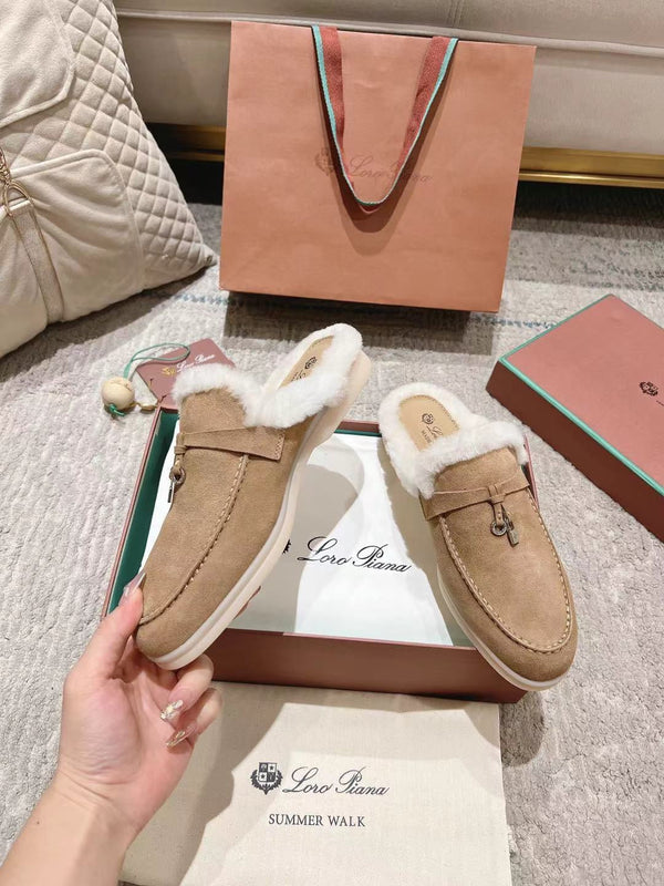 LP Charms Walk Babouche Loafer Peach Yellow Suede With Rabbit Fur Lining 206244