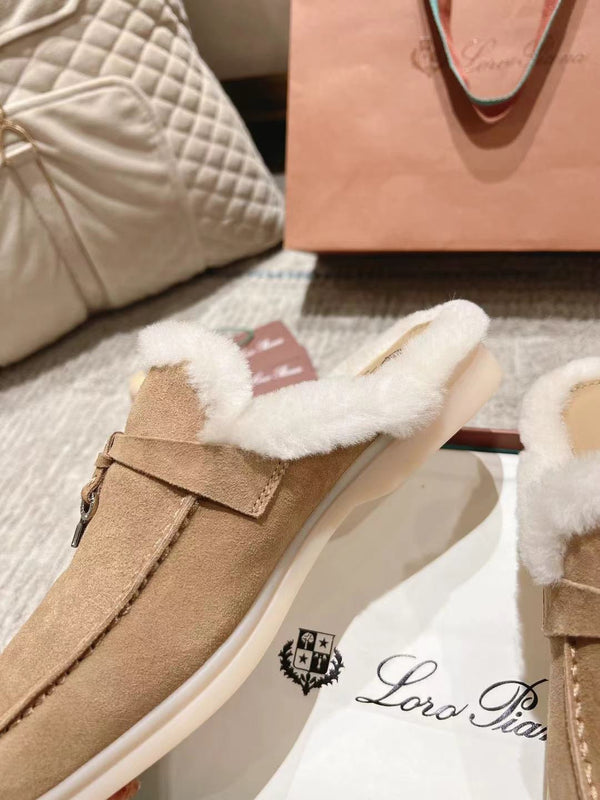 LP Charms Walk Babouche Loafer Peach Yellow Suede With Rabbit Fur Lining 206244