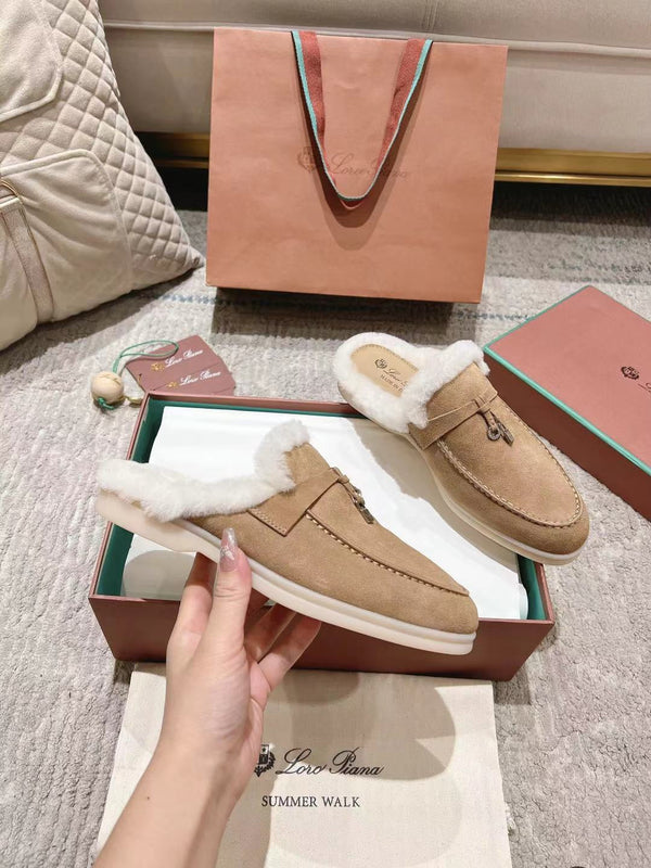 LP Charms Walk Babouche Loafer Peach Yellow Suede With Rabbit Fur Lining 206244