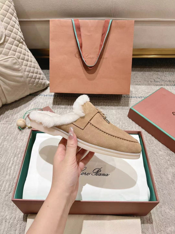 LP Charms Walk Babouche Loafer Peach Yellow Suede With Rabbit Fur Lining 206244