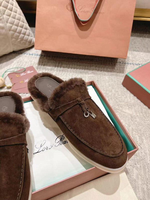 LP Charms Walk Babouche Loafer Bottele Brown Suede With Rabbit Fur Lining 206245